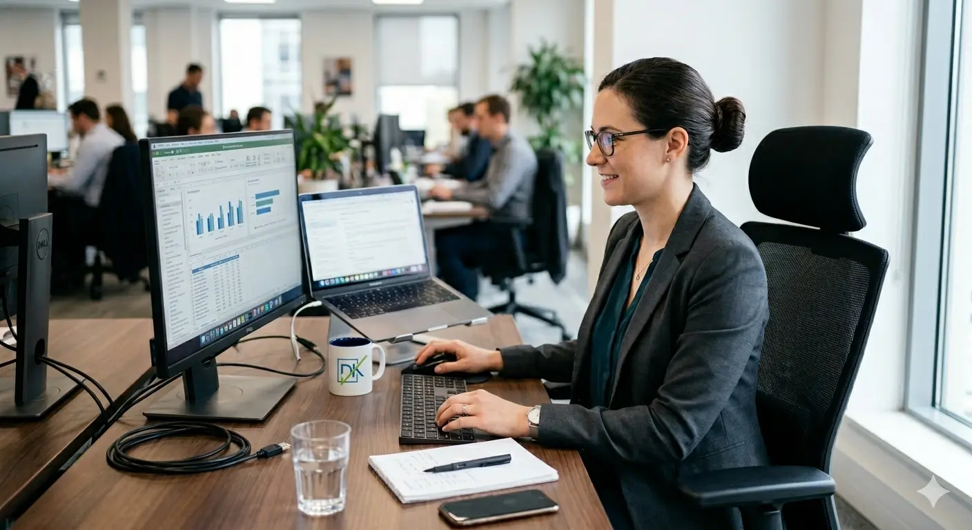 Professional woman reviewing documents at office desk